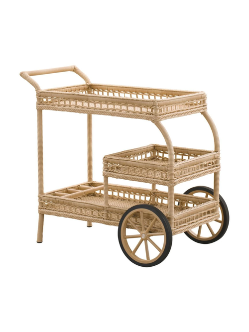 Connor Coastal Beach Natural Herringbone Woven Faux Rattan Outdoor Bar Cart