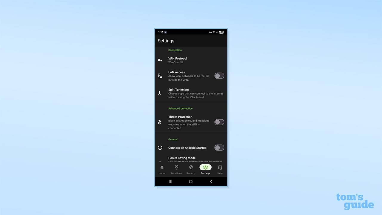 IPVanish's connection settings on Android