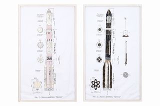 Pop artist Andora's original draft designs for the Russian Proton rocket he was commissioned to paint in 1992, as set to be sold at auction Sept. 13, 2014 in Berlin.