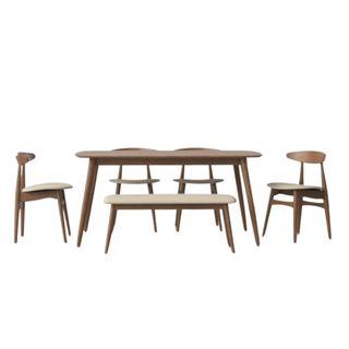 A curved walnut brown dining table set with four dining chairs to the left, middle, and right, a curved dining table and a bench at the front with a beige seat and brown legs