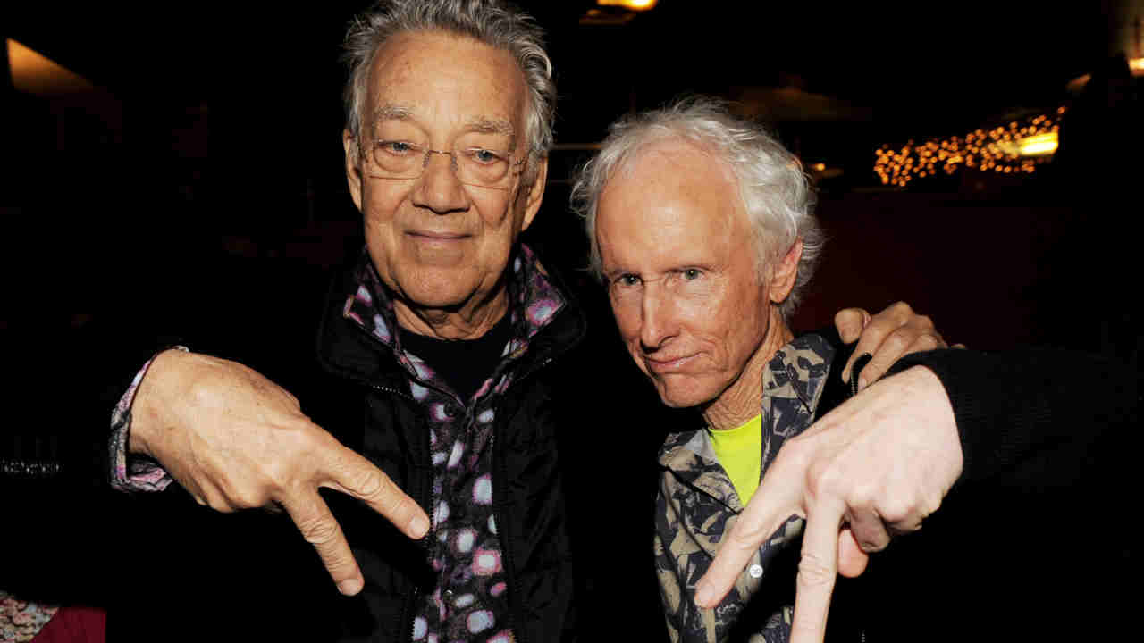 The Doors&amp;rdquo; Ray Manzarek and Robby Krieger posing for a photograph in 2012