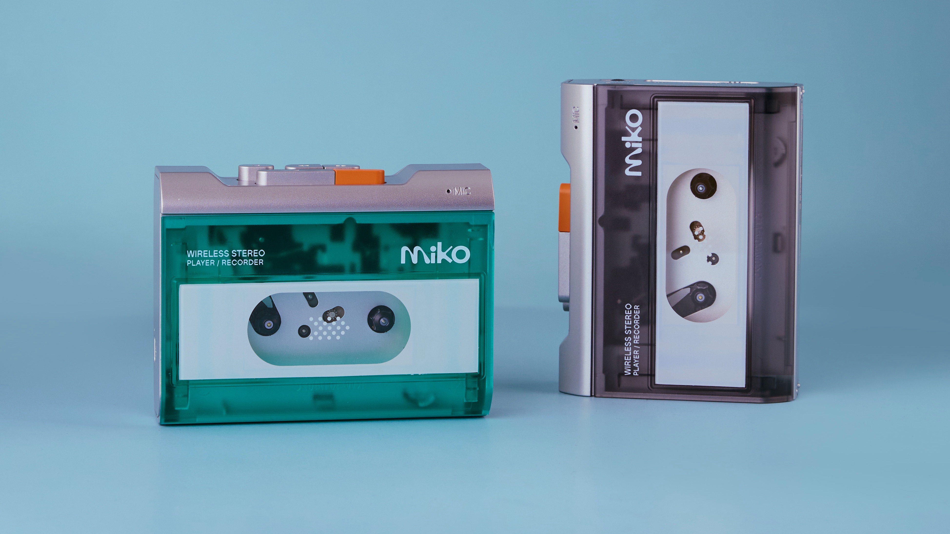 The Gadhouse Miko Cassette Player in both green and blue, on a powder blue background.