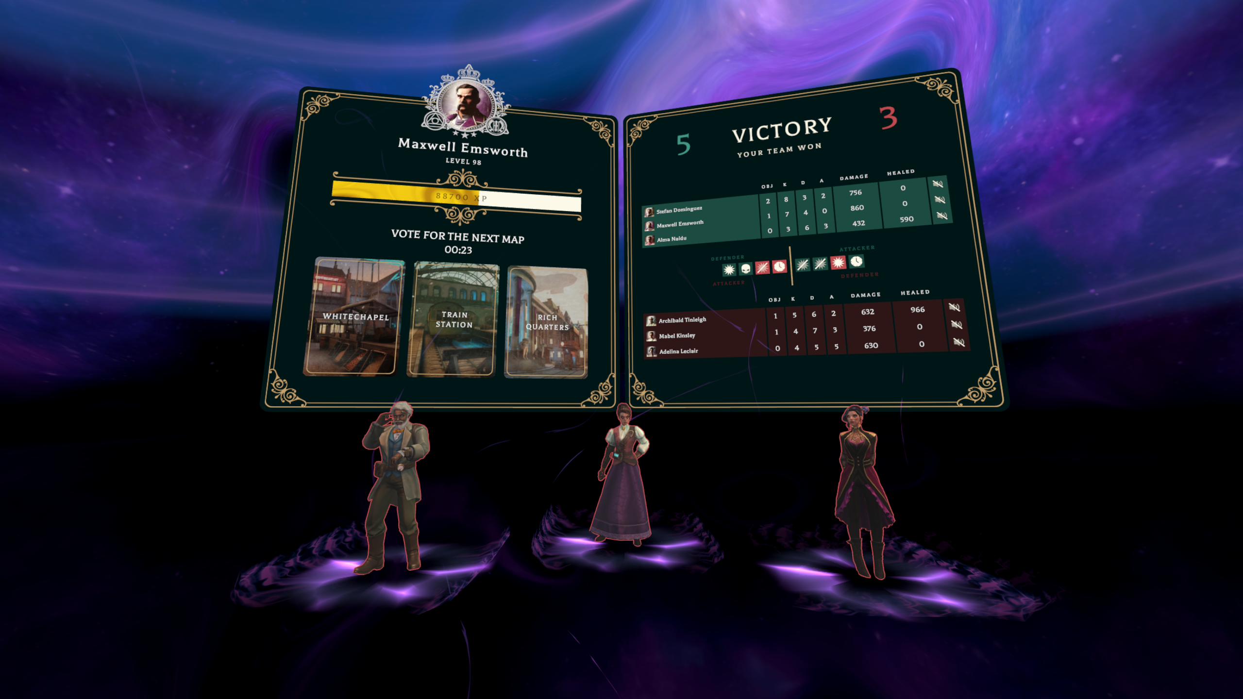 Wands Alliances Victory Screen, the player's team has won 5-3!