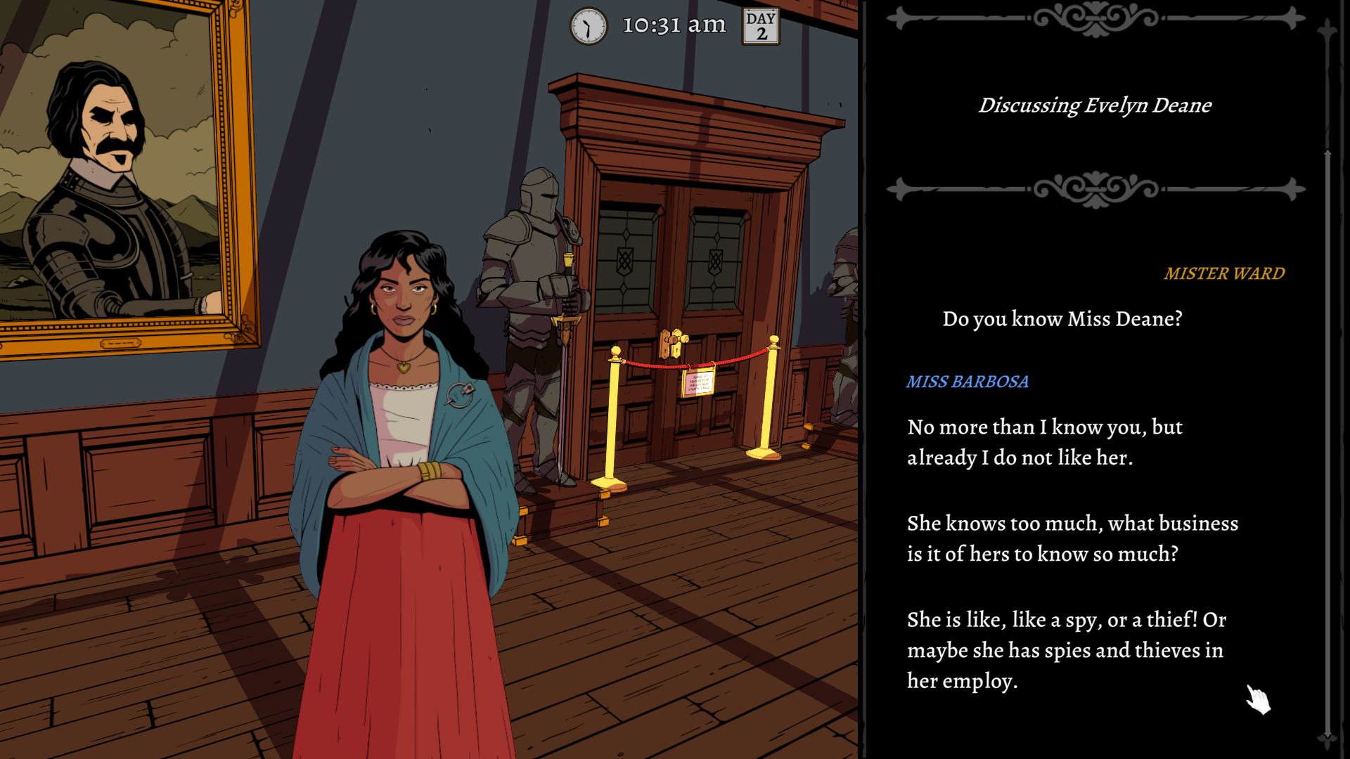 A conversation with a suspect in The S&amp;eacute;ance of Blake Manor.