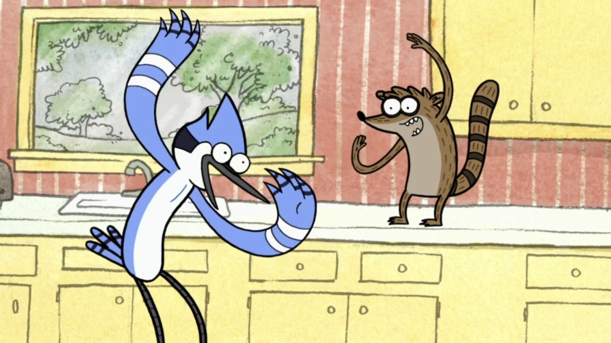 Rigby and Mordecai celebrating free cake in the kitchen on Regular Show