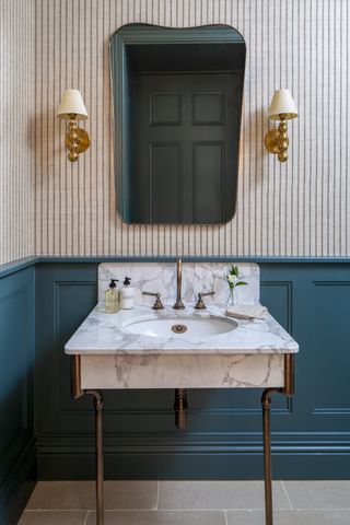 green bathroom powder room with striped wallpaper by Kitesgrove