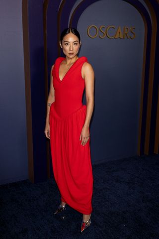Greta Lee, on the red carpet at the Academy of Motion Picture Arts and Sciences and the Board of Governors, Honorary Awards at The Ray Dolby Ballroom at Ovation Hollywood, in Hollywood, CA, Tuesday, Jan. 9, 2024. (Jay L. Clendenin / Los Angeles Times via Getty Images)