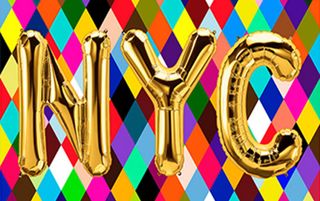 colorful flag diamond with gold foil balloon "NYC" lettering designed by Jeff Koons