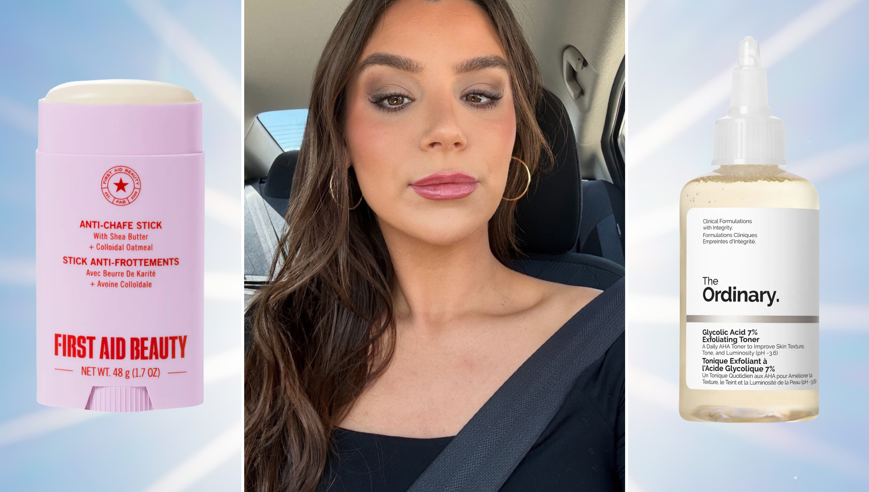 a girl in a car with long brown hair and gold hoops on a sunlit background next to a purple chafing stick and a bottle of glycolic acid skincare