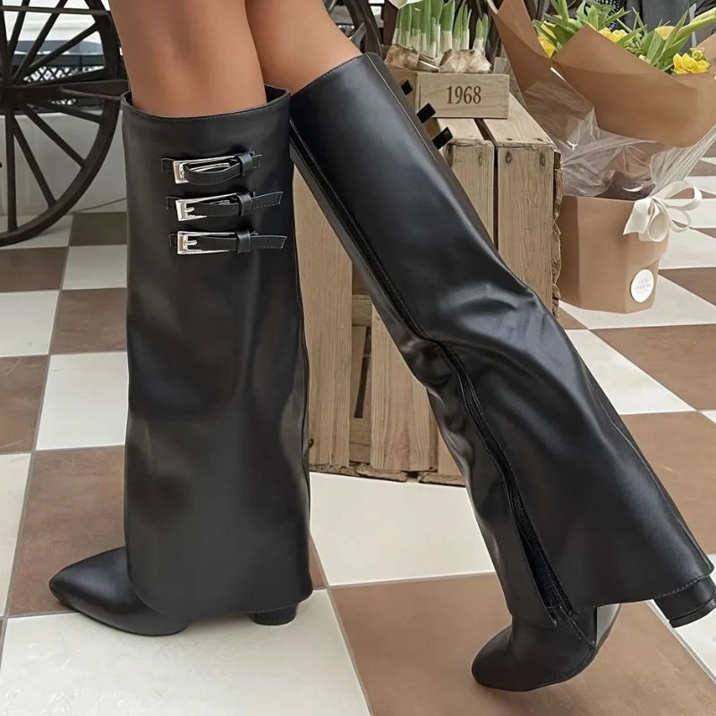 Taylah Pointed Toe Fold-over Knee High Boots on model 