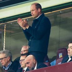 Prince William, Prince of Wales applauds the team during the UEFA Europa Conference League 2023/24 Quarter-final first leg match between Aston Villa and Lille OSC at Villa Park on April 11, 2024 in Birmingham, England.