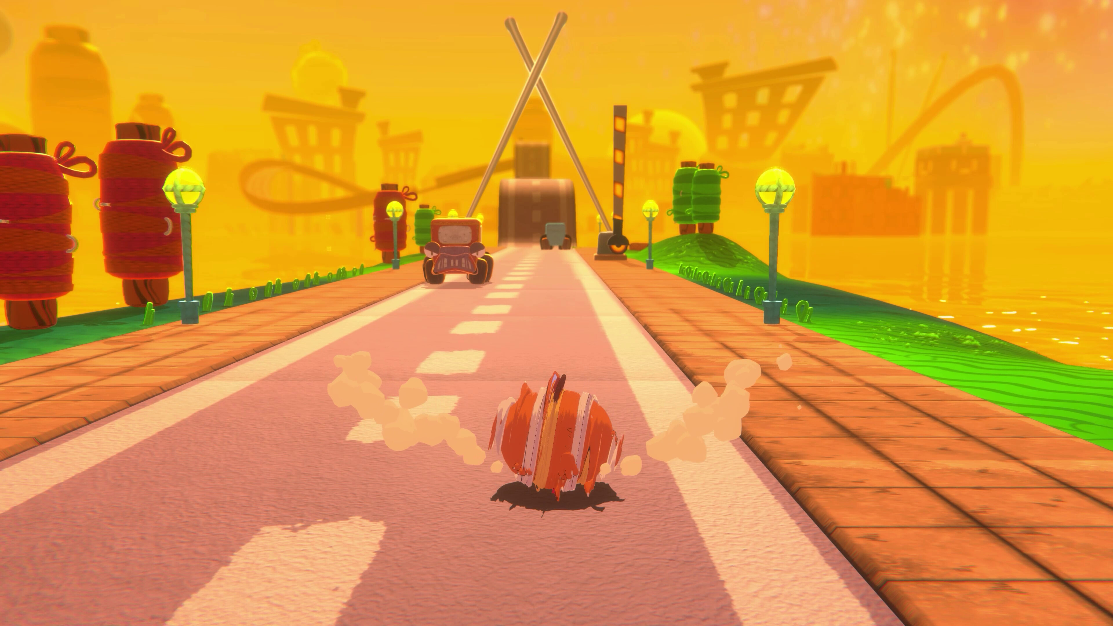 Bubsy charges up a roll attack in Bubsy 4D on a road