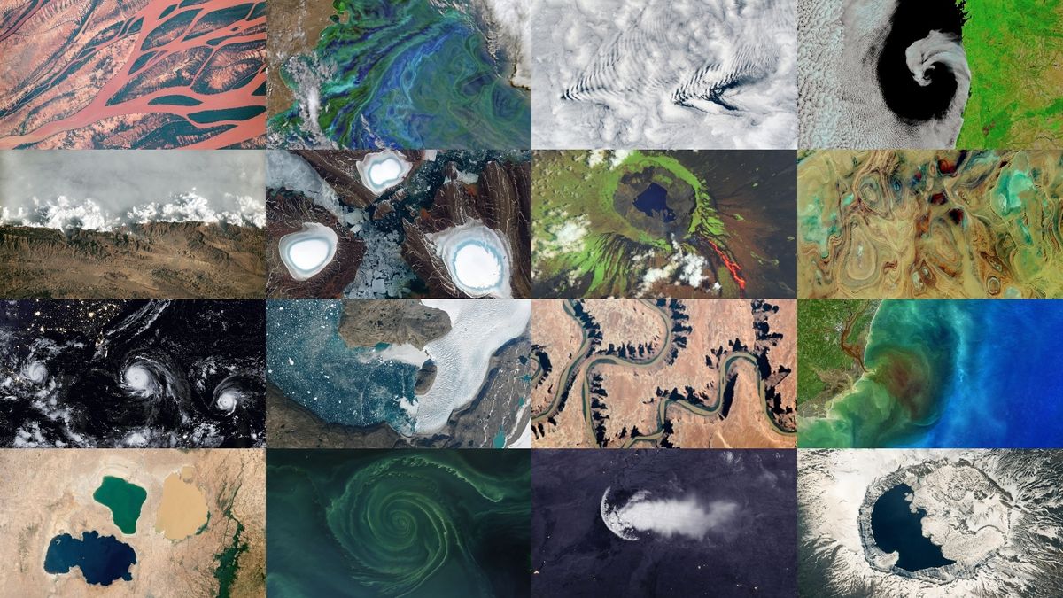 A composite image of various photos of planet Earth taken from space by satellites or astronauts.