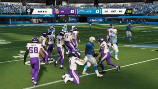 Players bunch up in an NFL game.