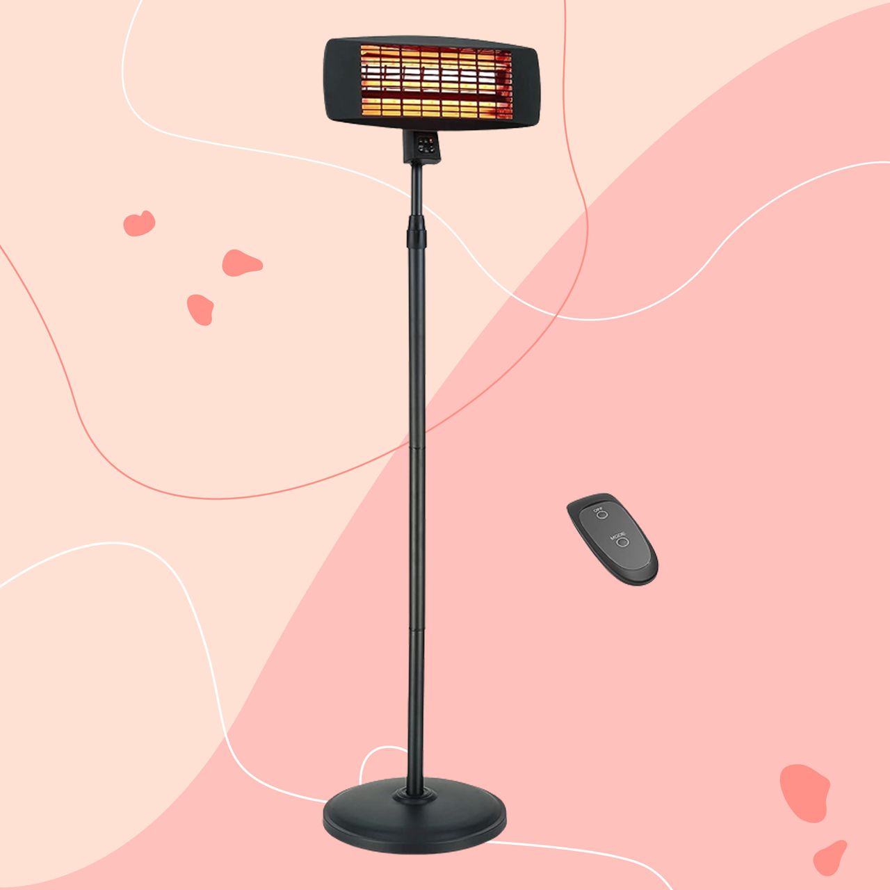 Devola Core 2kW Freestanding Patio Heater with remote control on a pink background