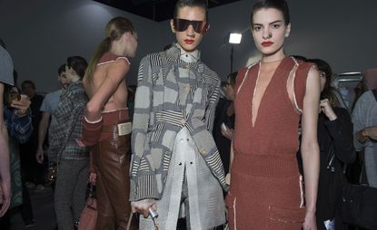 2 Models wearing peach knitted dress and white and black checkered outfit