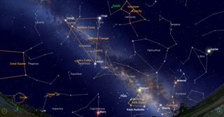 Summertime stars bring new asterisms, including the very clear Teapot in Sagittarius, the Summer Triangle and Northern Cross asterisms (which share Deneb), and the Keystone in Hercules. As a bonus, the summer night skies of 2018 will be populated with the naked-eye planets Mars, Jupiter and Saturn, as shown here on July 15, 2018, at 11 p.m. in your local time zone.