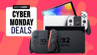 Official product image of the Nintendo Switch 2 and the OLED Switch on a pink GamesRadar+ background.