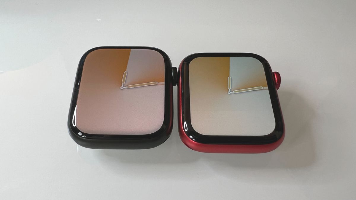An Apple Watch 7 (45mm) on the left and an Apple Watch 6 (44mm) on the right