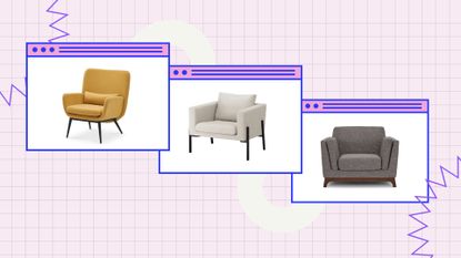 a collage image including three of the best armchairs for small spaces