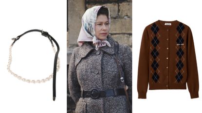 A collage of Queen Elizabeth wearing a tweed coat and pink head scarf, a pearl necklace and a brown argyle cardigan