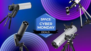 A selection of telescopes around a Space Cyber Monday Deals badge. 