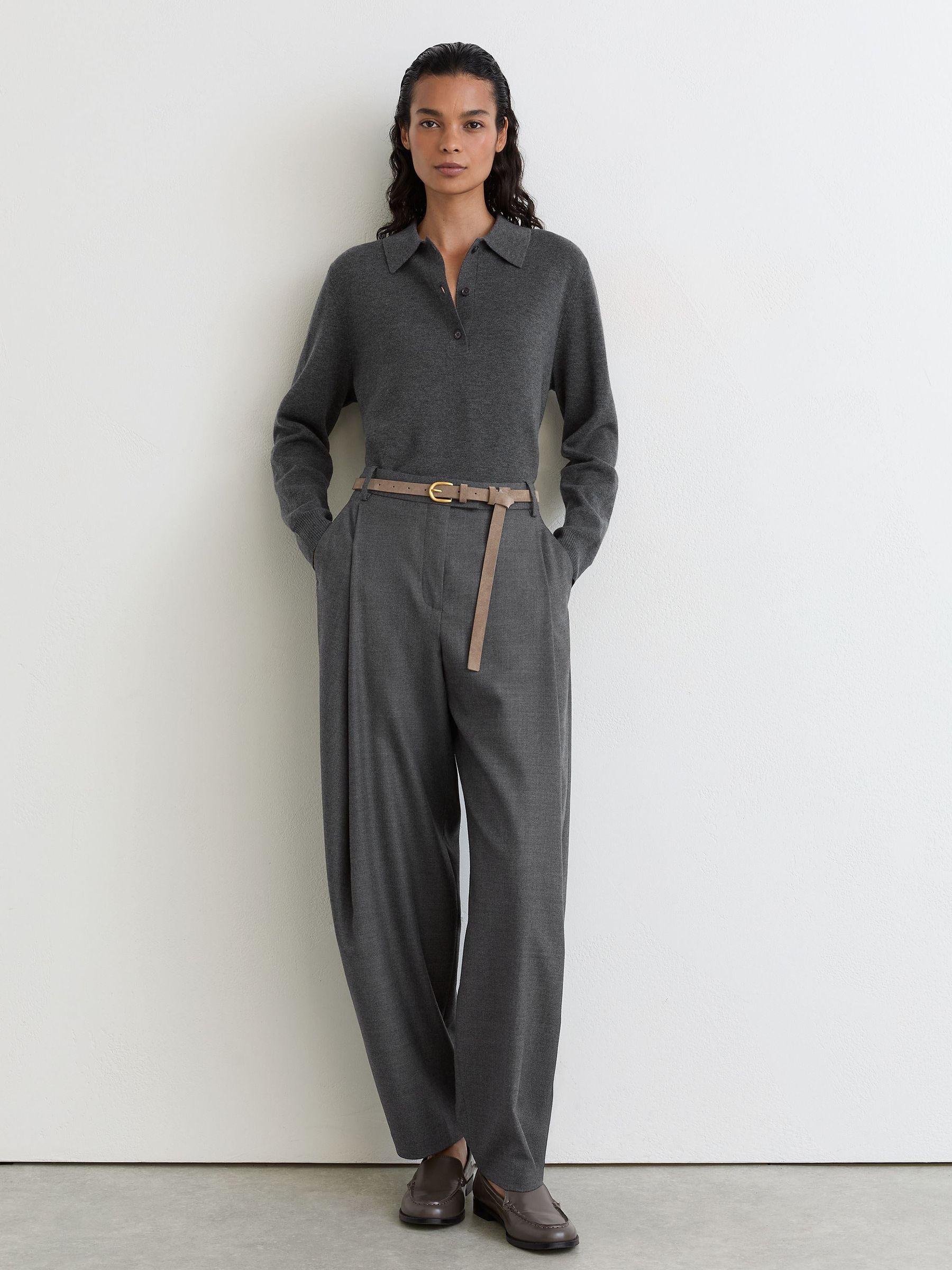 Merino Wool Knitted Polo Jumper in Grey Marl - Size X-Small