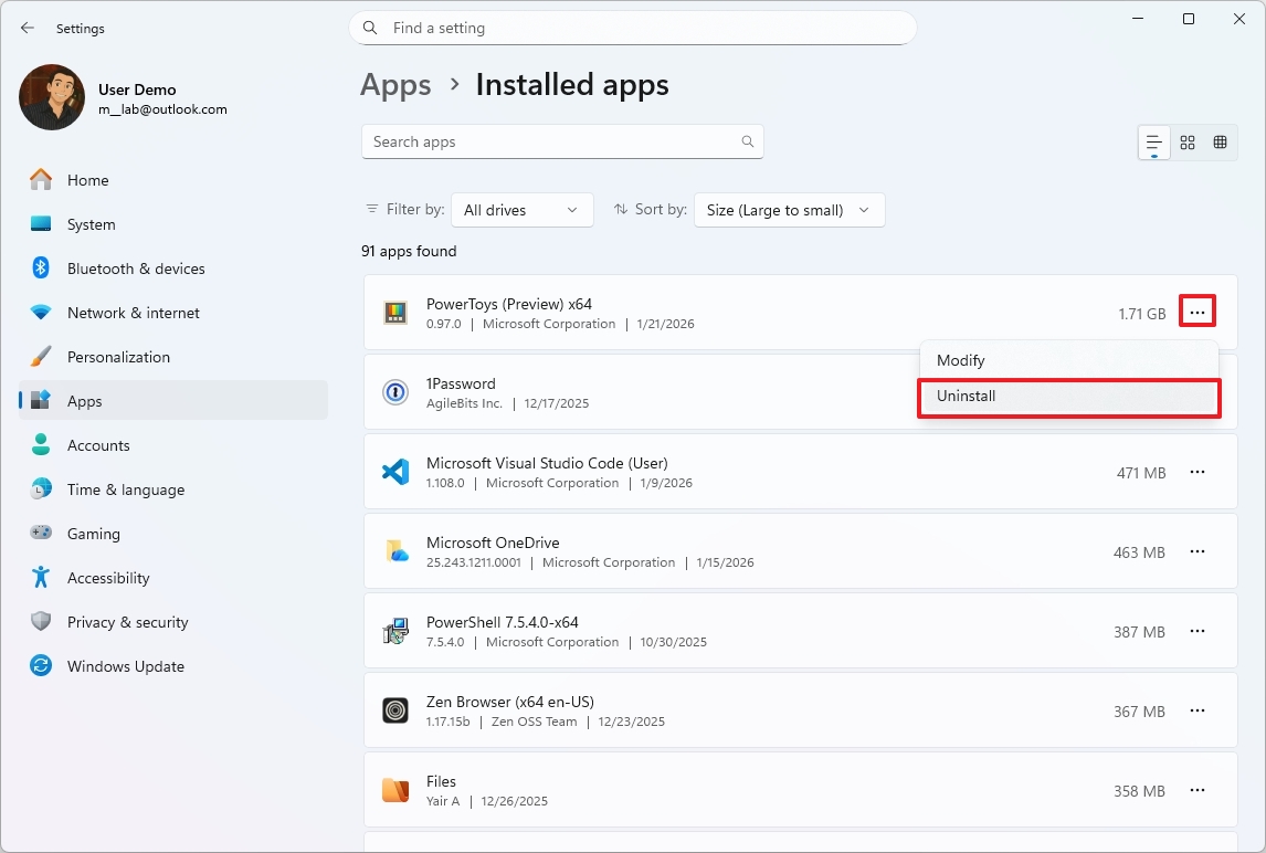 Uninstall apps on Windows 11