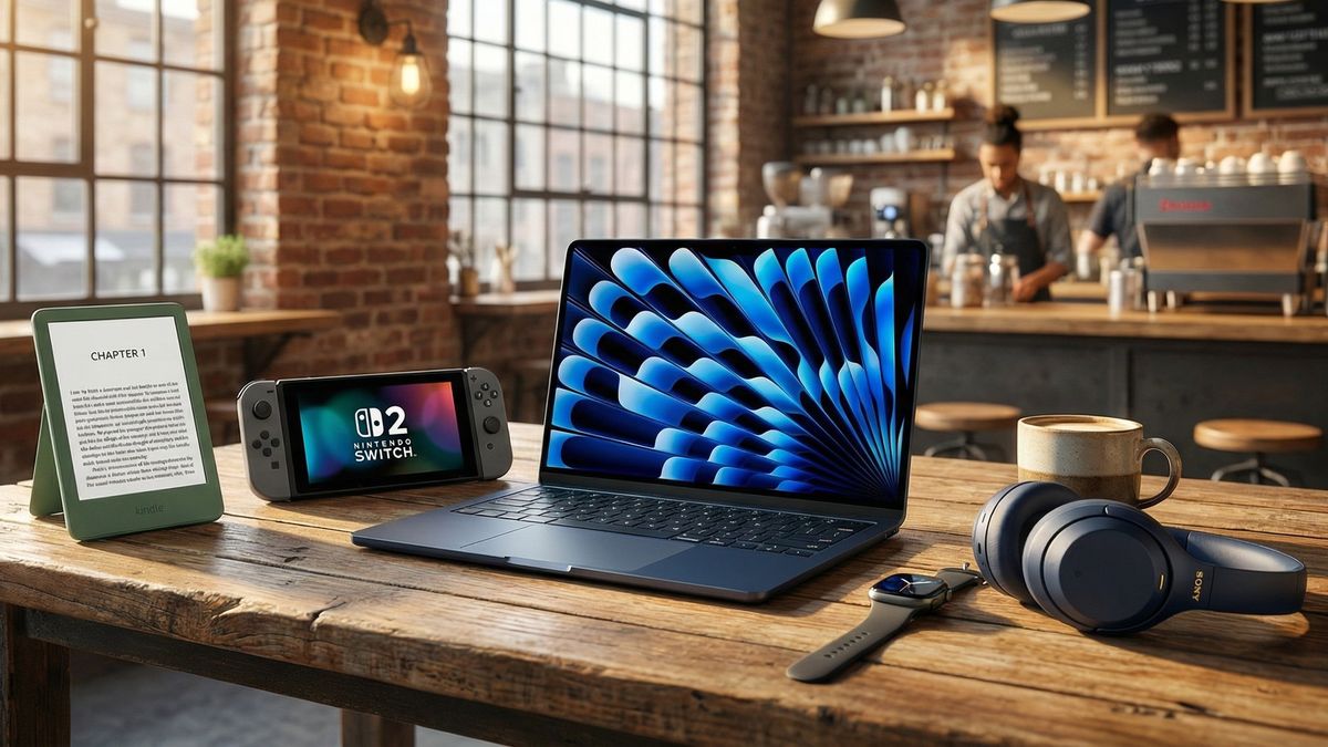 Amazon Kindle, Nintendo Switch 2, Sony WH1000XM4 headphones, a smartwatch, and Apple Macbook Air on a wooden table in a coffee shop