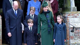 Prince William, Prince Louis, Prince George, Catherine, Princess of Wales and Princess Charlotte attends the 2024 Christmas Morning Service at St Mary Magdalene Church on December 25, 2024