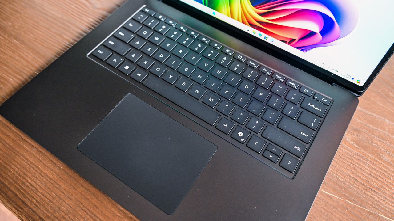 Microsoft Surface Laptop 7 15 close up of keyboard and trackpad from above