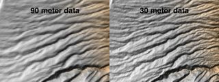 A comparison of 90-meter- vs. 30-meter-resolution images of eroded volcanic terrain in northeast Tanzania.