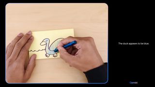 A person draws a blue duck on a piece of paper, while Google Gemini correctly identifies it.