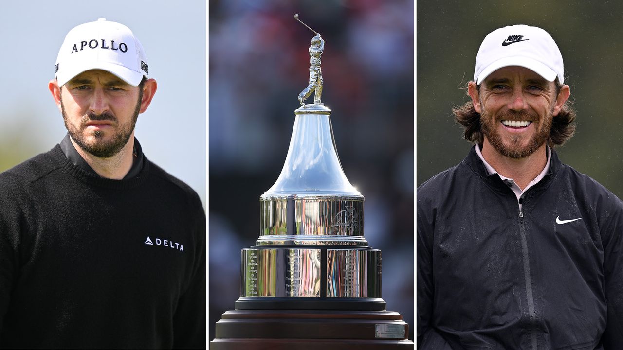 (left) Patrick Cantlay looks on, (middle) the Arnold Palmer Invitational trophy, and Tommy Fleetwood smiles (right)