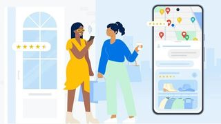 Ilustración de dos mujeres utilizando los mapas de Google en su teléfono 