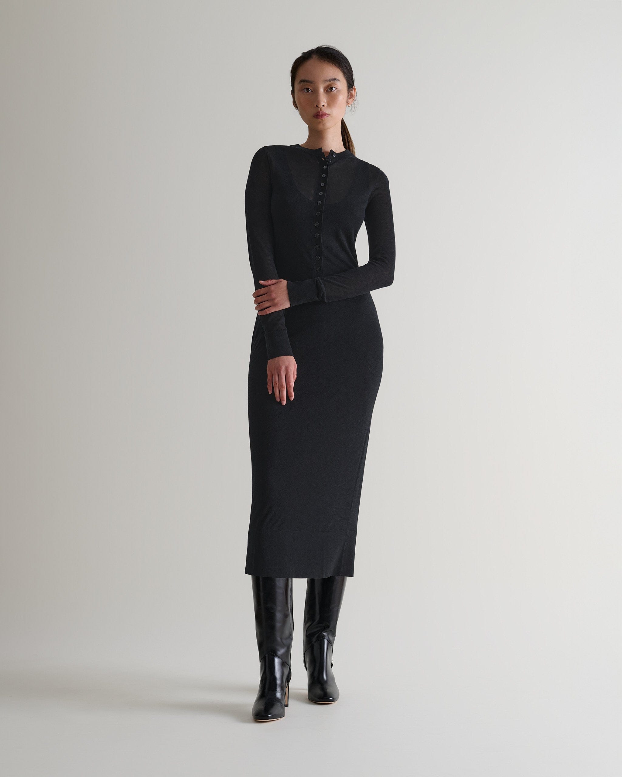 Women&#039;s Tencel&amp;trade; Cashmere Double Layered Button Dress - Black