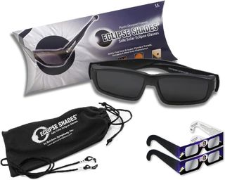 Rainbow Symphony Plastic Eclipse Glasses with their case on a white background