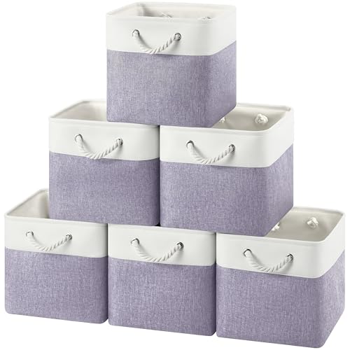 Huznxvy 12x12 Storage Cube Bins, 6 Pack Reinforced Bottom Cardboard Foldable Box, Organizer for Closet Shelves, Heavy Home Storage Baskets (white Purple)