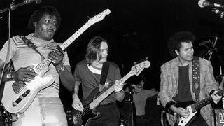 (from left) Albert Collins, Jaco Pastorius and Eddie Martinez perform December 6, 1985.