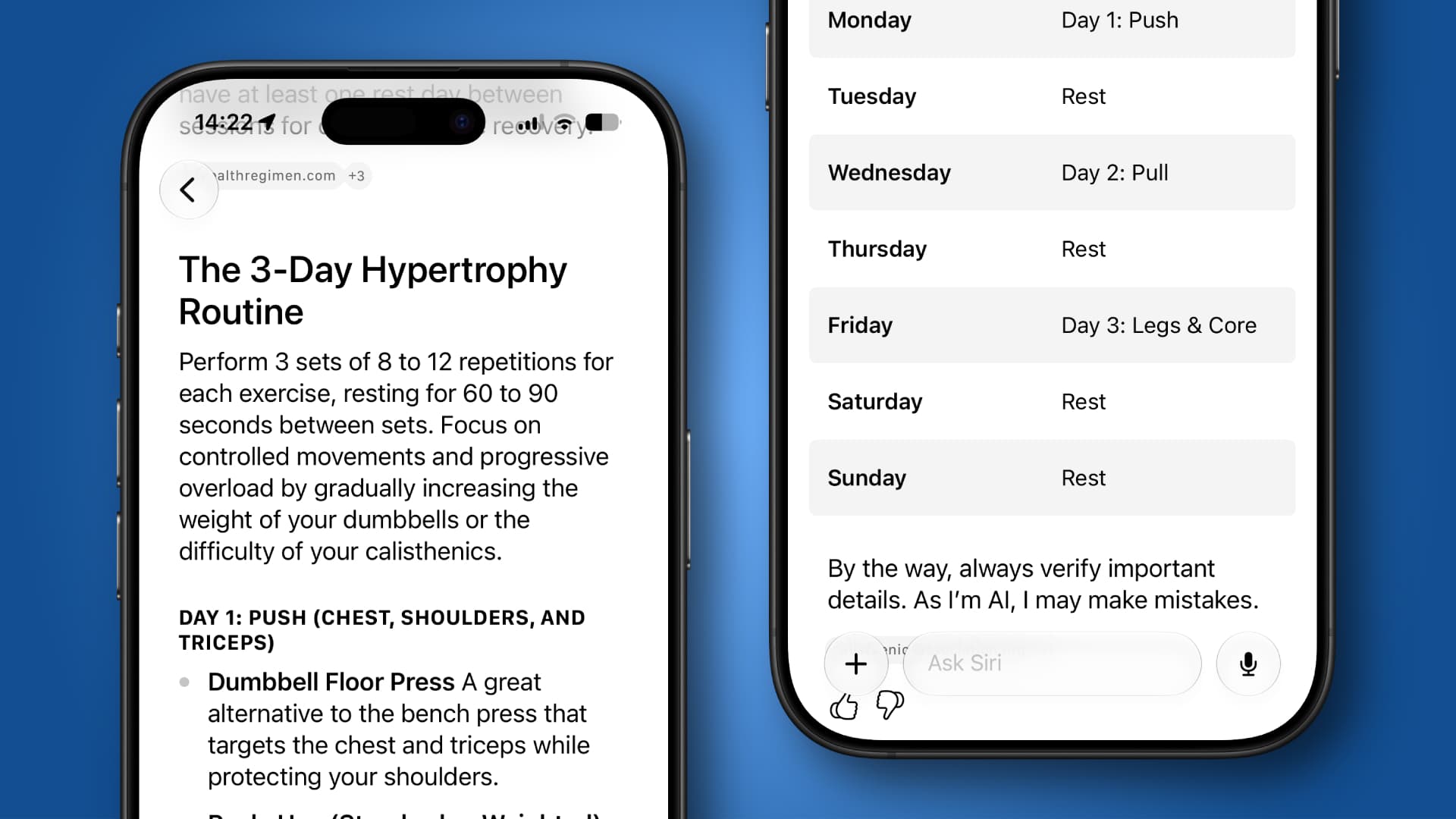Two iPhones showing Siri AI on-screen. The AI is giving workout advice.