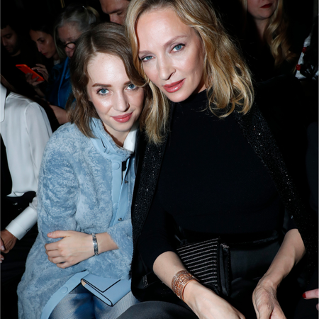 Uma Thurman and her daughter Maya Hawke attend the Giorgio Armani Prive Haute Couture Spring Summer 2019 show as part of Paris Fashion Week on January 22, 2019 in Paris, France