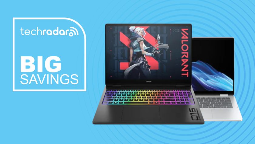 HP Omnibook 5 and Omen 16 gaming laptop on blue background with big savings text overlay