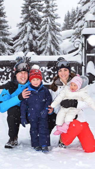 Catherine, Duchess of Cambridge and Prince William, Duke of Cambridge, with their children, Princess Charlotte and Prince George, enjoy a short private skiing break on March 3, 2016 in the French Alps, France