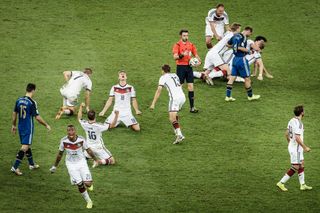 RIO DE JANEIRO, BRAZIL - JULY 13: Players of Germany celebrate after winning the 2018 FIFA World Cup Final against Argentina at Maracana Stadium on July 13, 2014 in Rio de Janeiro, Brazil. (Photo by Reinaldo Coddou H./Getty Images)