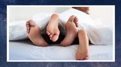 couple in bed under sheets on starry background, representing sex dreams