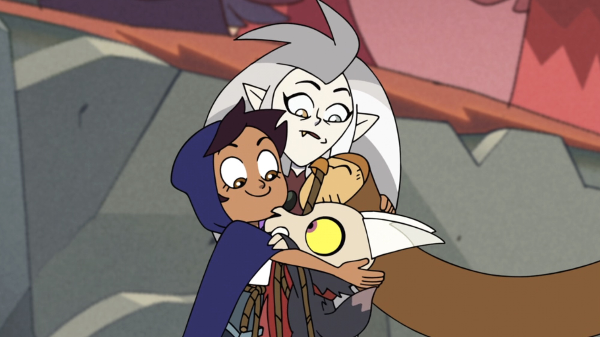 Luz hugging King, Eda and Hooty in The Owl House Season 2