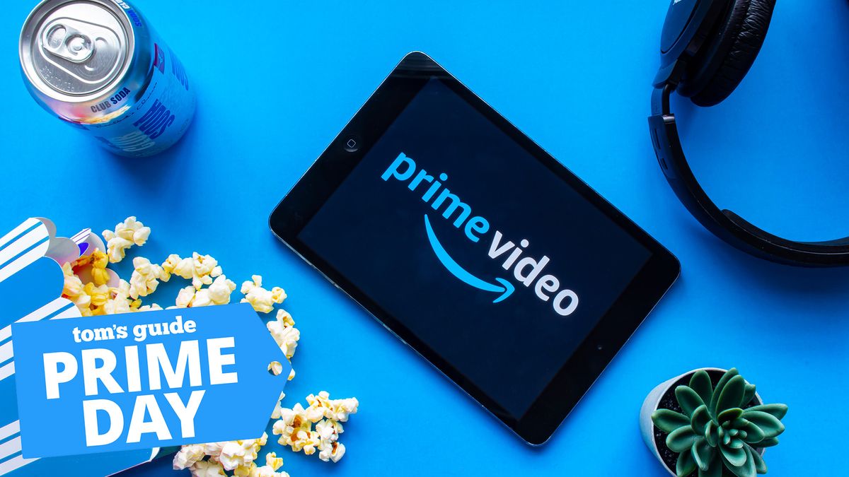 A tablet with the Prime Video logo surrounded by items and a Prime Day badge in the lower left corner