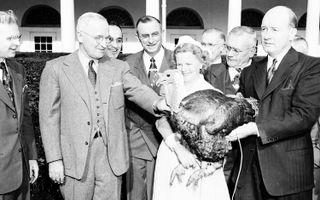 President Harry S. Truman receives a Thanksgiving turkey from members of the Poultry and Egg National Board and other representatives of the turkey industry, outside the White House on Nov. 16, 1949.