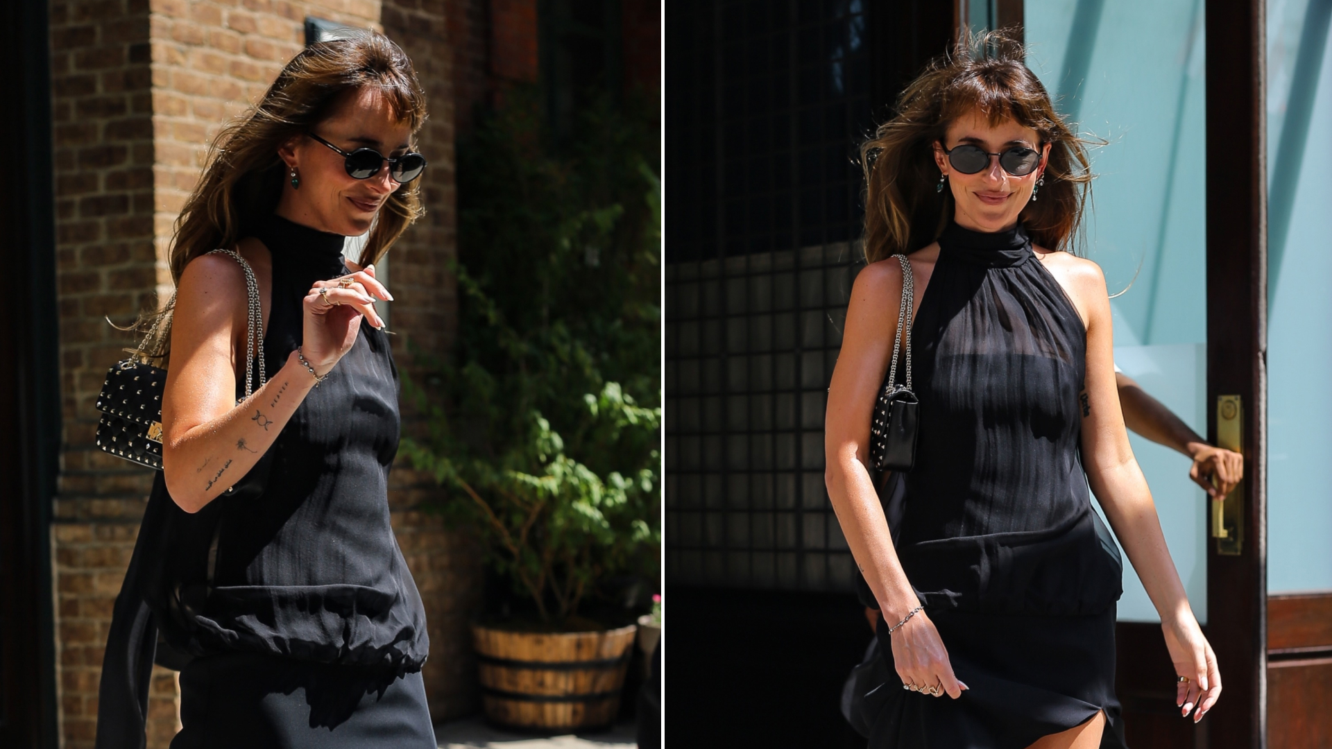 Dakota Johnson styles a halter little black dress with black mule heels and a Valentino spiked bag for Taylor Swift's wedding