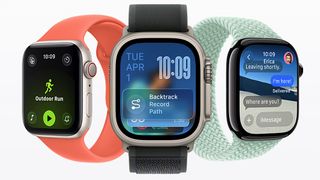 Apple Watch Series 9 on an orange band, Apple Watch Ultra 2 on a black band and Apple Watch Series 10 on a turquoise knit strap